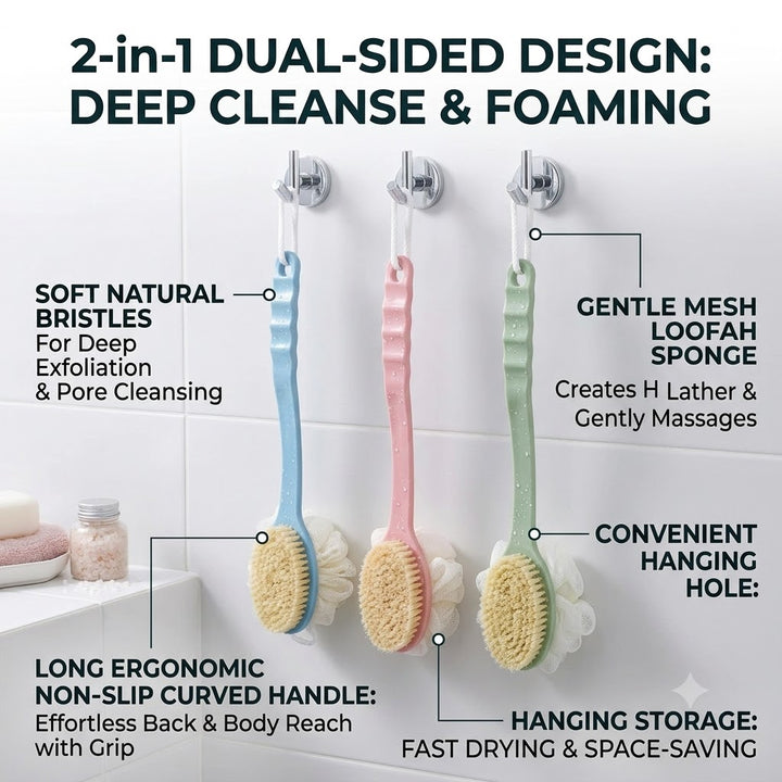 2-in-1 Long Handle Bath Brush & Loofah Back Scrubber